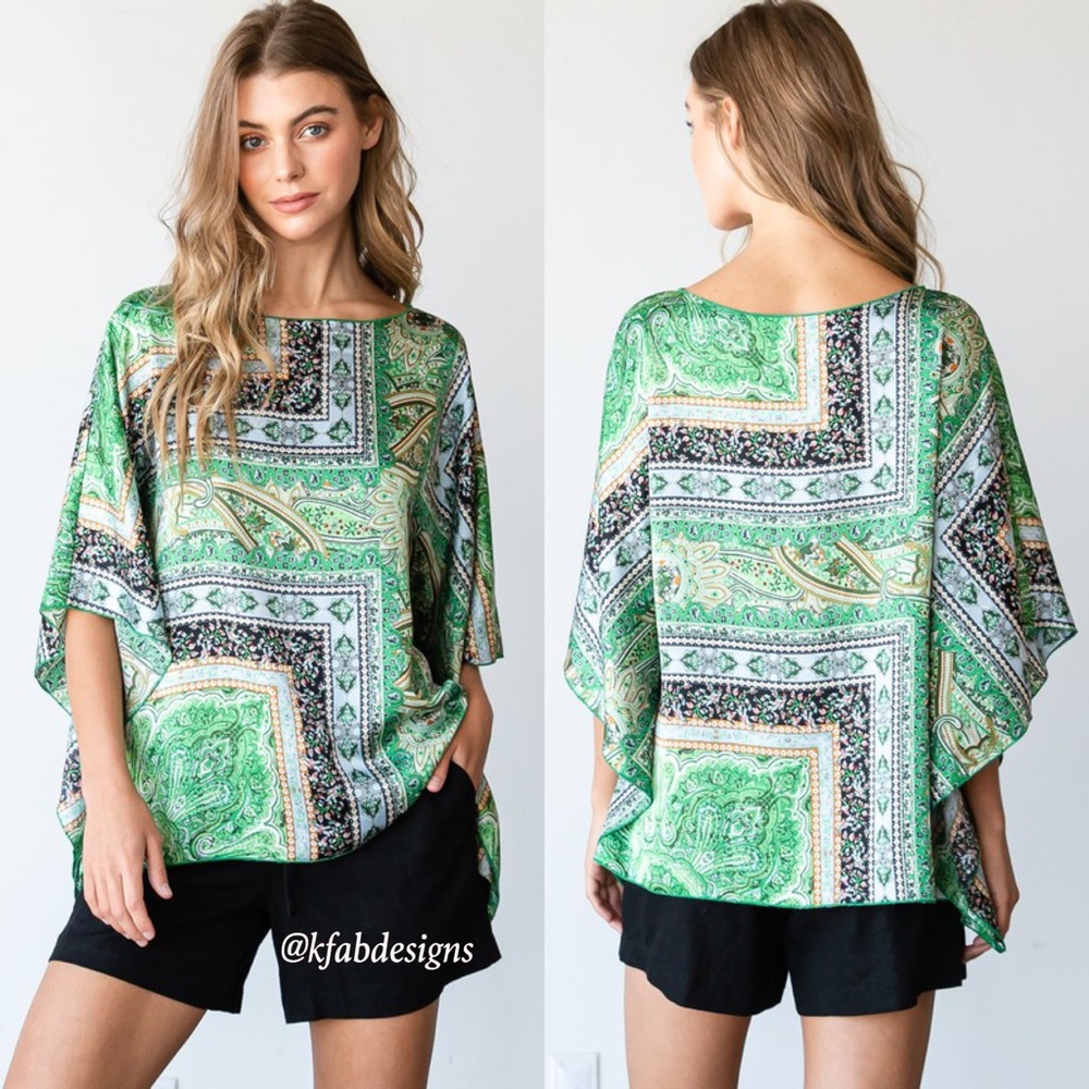 LAST 1! Gorgeous Abstract Print Green Multi Half Sleeve Silky Top! - Picture 1 of 6